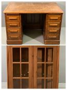 ANTIQUE EFFECT PINE TWO DOOR GLAZED WALL HANGING CORNER CUPBOARD with interior glass shelving,