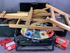ARTIST'S MATERIALS in several cases and an easel