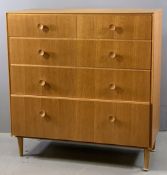 MID CENTURY CHEST OF DRAWERS, light wood, two over three long drawers, 107cms H, 102cms W, 46cms D