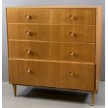 MID CENTURY CHEST OF DRAWERS, light wood, two over three long drawers, 107cms H, 102cms W, 46cms D