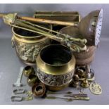 COPPER & BRASSWARE, an assortment including coal buckets, magazine rack, fire irons and ornamental