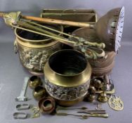 COPPER & BRASSWARE, an assortment including coal buckets, magazine rack, fire irons and ornamental