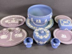 WEDGWOOD LILAC JASPERWARE ITEMS, also a blue pedestal bowl and other items
