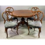 VICTORIAN LINE INLAID BREAKFAST TABLE & FOUR CHAIRS - burr walnut, shaped circular tilt top on a