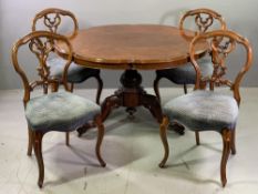 VICTORIAN LINE INLAID BREAKFAST TABLE & FOUR CHAIRS - burr walnut, shaped circular tilt top on a