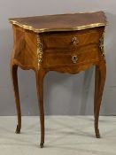 FRENCH LOUIS XV STYLE HALL TABLE with two drawers and serpentine front, brass embossed, on tapered