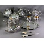 EPNS THREE PIECE TEA SERVICE, other items of plated ware, also pewter teapots and a beaten tray