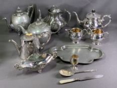 EPNS THREE PIECE TEA SERVICE, other items of plated ware, also pewter teapots and a beaten tray