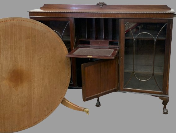MAHOGANY CHINA CABINET having two glazed doors flanking a central drop down bureau section, 130cms - Image 2 of 4