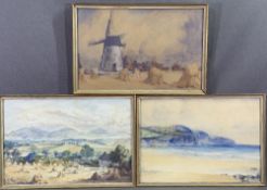 H HUGHES WILLIAMS two small watercolours - windmill scene, seaside scene and one other - hay bales
