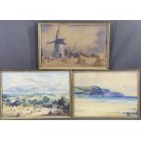 H HUGHES WILLIAMS two small watercolours - windmill scene, seaside scene and one other - hay bales