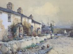 JOSEPH HUGHES CLAYTON watercolour - bonneted ladies by cottages near a shoreline, 32 x 50cms