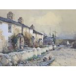 JOSEPH HUGHES CLAYTON watercolour - bonneted ladies by cottages near a shoreline, 32 x 50cms