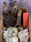 MIXED COLLECTABLES GROUP including a pair of spelter figurines, carved wood musical nut dish,