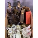 MIXED COLLECTABLES GROUP including a pair of spelter figurines, carved wood musical nut dish,