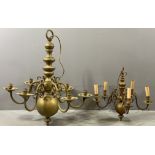 FRENCH STYLE BRASS CEILING CHANDELIERS (2) including a six branch large example, 73cms H and