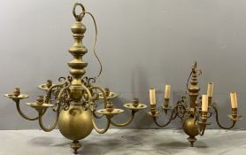 FRENCH STYLE BRASS CEILING CHANDELIERS (2) including a six branch large example, 73cms H and