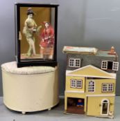 CASED MODEL GEISHA GIRL, 50cms H the case, old doll's house, wicker type footstool and a vintage