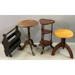FURNITURE ASSORTMENT - wine table, 60 x 40cms diameter, floorstanding whatnot, stool and a rustic