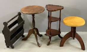 FURNITURE ASSORTMENT - wine table, 60 x 40cms diameter, floorstanding whatnot, stool and a rustic