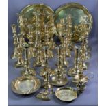 VICTORIAN BRASS CANDLESTICKS, several pairs and an assortment of other brassware
