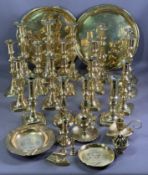 VICTORIAN BRASS CANDLESTICKS, several pairs and an assortment of other brassware