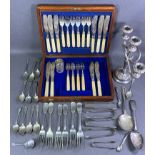 MAHOGANY CUTLERY BOX with bone handled fish knives and forks, EPNS candelabra, flatware ETC