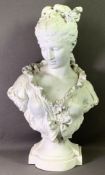 PAINTED CAST METAL PEDESTAL BUST - signed 'Moreau', 66cms H (A/F to the rear)