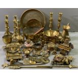 BRASSWARE - a large assortment including candleholders, trench art, ironmongery, fire irons, horse