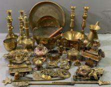 BRASSWARE - a large assortment including candleholders, trench art, ironmongery, fire irons, horse