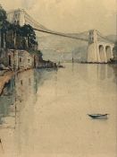 H HUGHES WILLIAMS watercolour - Menai Bridge and the Straits, 35 x 25cms
