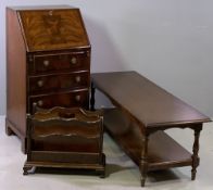 LADY'S REPRODUCTION MAHOGANY FALL FRONT BUREAU, a two tier Long John coffee table, 46cms H, 122cms