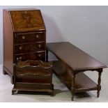 LADY'S REPRODUCTION MAHOGANY FALL FRONT BUREAU, a two tier Long John coffee table, 46cms H, 122cms