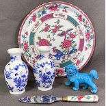 CHINESE BLUE & WHITE VASES, a pair, 16cms H, a small Dog of Fo ornament and a Bernardaud Limoges
