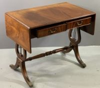 REPRODUCTION SOFA TABLE with twin drawers and lyre ends, 72cms H, 91cms W, 55cms D