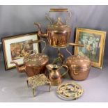 COPPER KETTLES (3) with acorn knops, trivet stands, a Salem print and another print