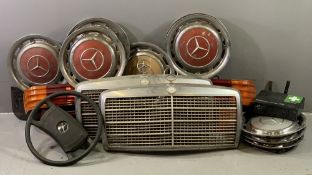 MERCEDES BENZ VINTAGE FRONT GRILLS WITH MASCOTS (2), 89 x 48cms, hub caps (8), steering wheel, light