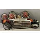 MERCEDES BENZ VINTAGE FRONT GRILLS WITH MASCOTS (2), 89 x 48cms, hub caps (8), steering wheel, light