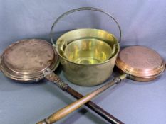 BRASS JAM PAN with iron handle, another brass pan with twin handles and two copper bedwarming pans