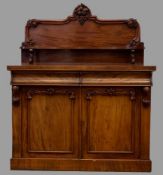ANTIQUE MAHOGANY CHIFFONIER having two base drawers over two cupboard doors and upper shelf,