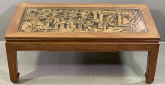 CHINESE CARVED HARDWOOD & GLASS TOPPED COFFEE TABLE, 40cms H, 102cms W, 51cms D