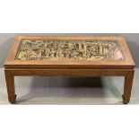 CHINESE CARVED HARDWOOD & GLASS TOPPED COFFEE TABLE, 40cms H, 102cms W, 51cms D