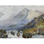 UNSIGNED WATERCOLOUR - mountain and riverscape, 34 x 51cms, in a gilt frame and POULSON mixed