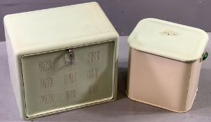 CIRCA 1950 TABLETOP FOOD LARDER, 36cms H, 43cms W, 30cms D and an enamel bread bin