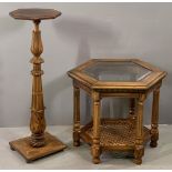 PLANTER STAND with carved column and hexagonal top, 99cms H, 28cms W, 31cms diameter and a hexagonal