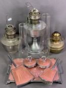 ART DECO STYLE DRESSING TABLE ITEMS, five pieces and three metal based oil lamps