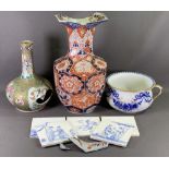 CHINESE BOTTLE VASE - Famille Verte, 34cms H and an Imari vase, 45cms H, also a blue and white