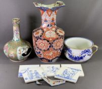 CHINESE BOTTLE VASE - Famille Verte, 34cms H and an Imari vase, 45cms H, also a blue and white