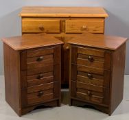 BEDSIDE CHESTS - a pair, heavy oak effect quality with three drawers, 66cms H, 47cms W, 40cms D