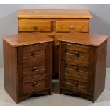 BEDSIDE CHESTS - a pair, heavy oak effect quality with three drawers, 66cms H, 47cms W, 40cms D